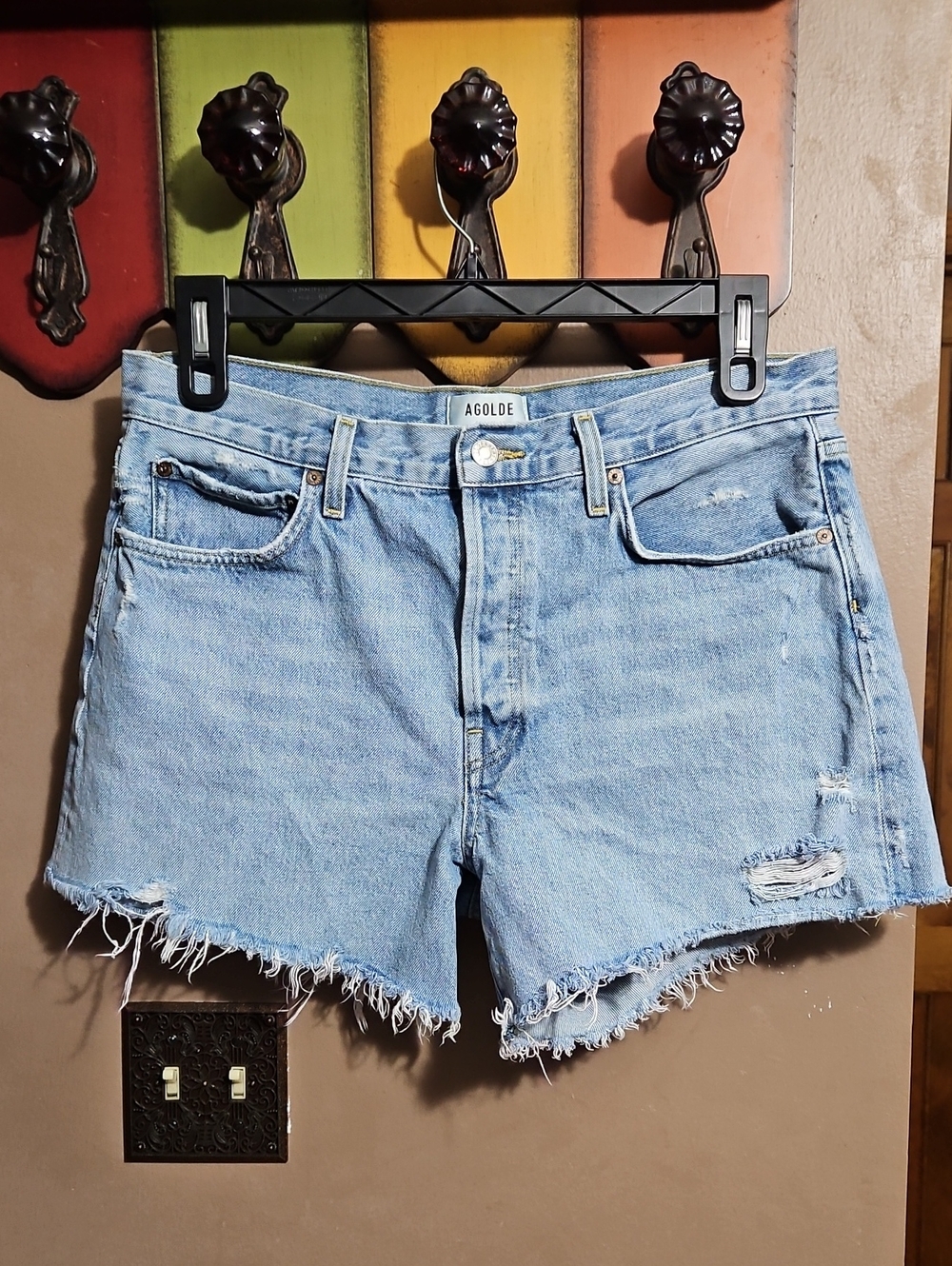 Agolde Parker Long Distressed High-Rise Cutoff Frayed Denim Shorts - Picture 4 of 9
